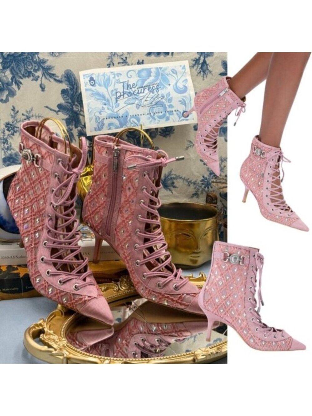 🆕 KURT GEIGER LONDON 🧿 NWOB Embellished Mansion Corset Ankle Boots - Sz 37 US7